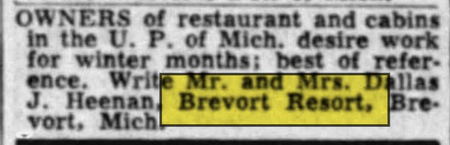 Brevort Resort - Oct 1958 Ad Looking For Winter Work (newer photo)